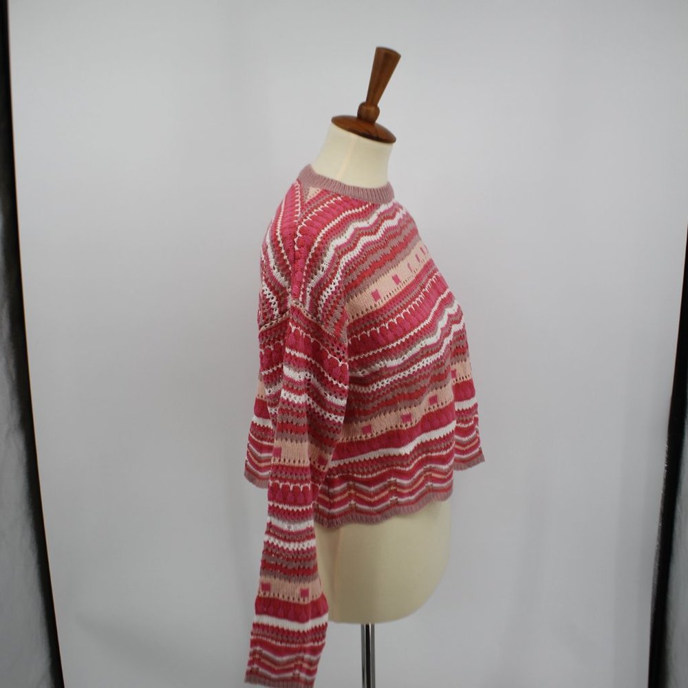 Vintage Knit Pink White Long Sleeve Cropped Sweater S - Picture 2 of 8